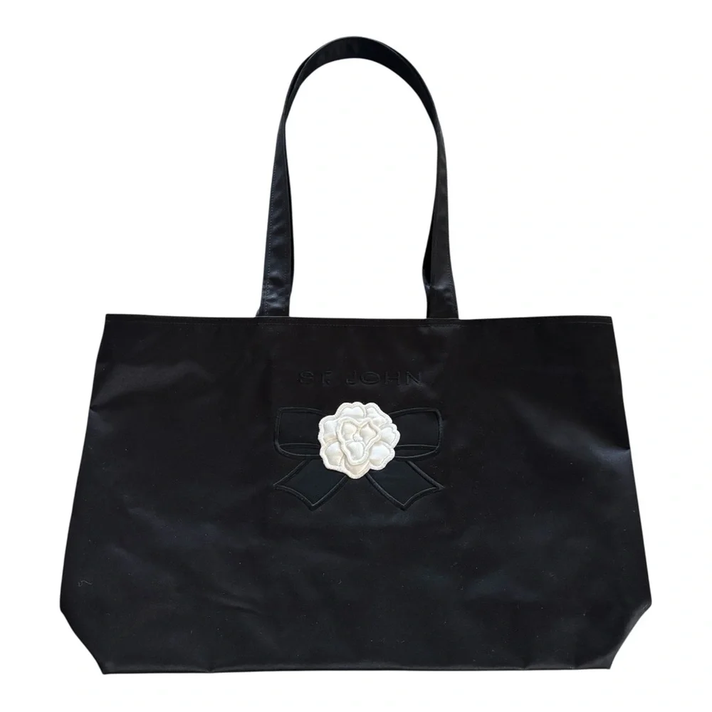 NWOT St. John Large Branded Black Satin Tote with White Floral Appliqué